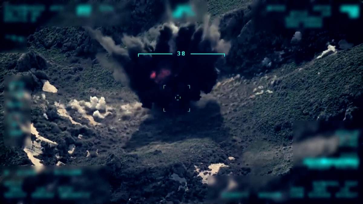 Turkish bombing footage released April 18, 2022, at an unknown location in northern Iraq.