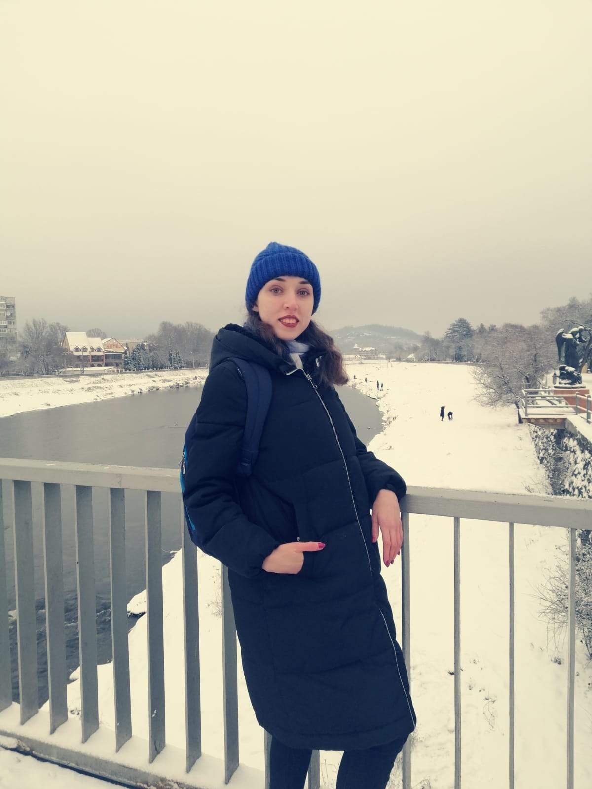 Kateryna Klepikova in Mukachevo, Ukraine during winter.