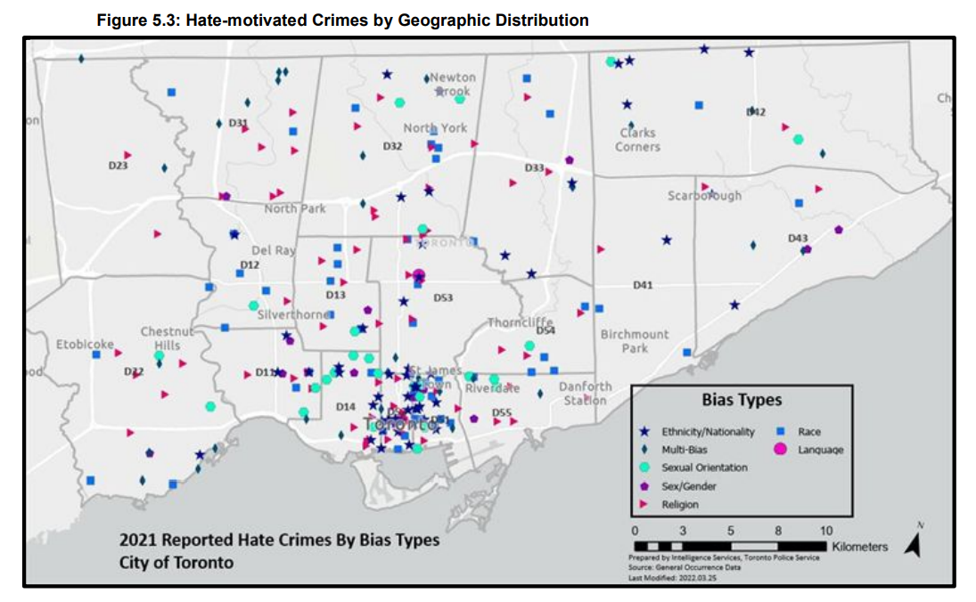 A map of hate crimes in Toronto during 2021