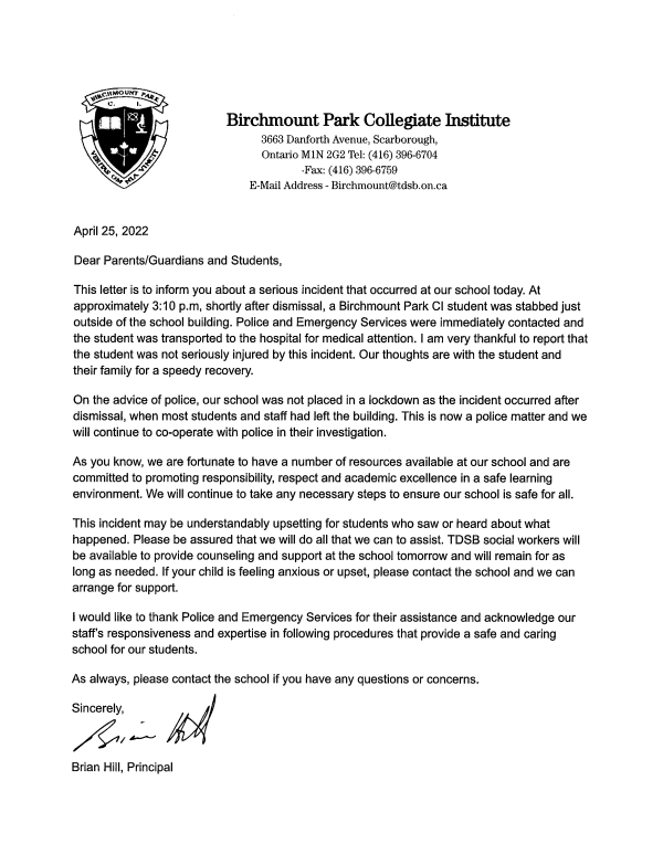 The letter sent to the school community following the stabbing Monday.