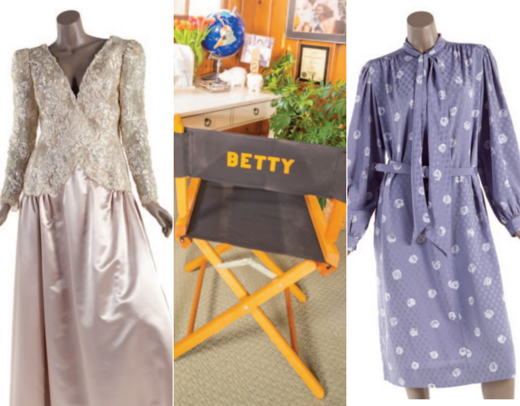 Items up for auction (L-R) include: A taupe lace and satin gown worn by White to the ’42nd Annual Primetime Emmy Awards,’ White’s director chair from “The Golden Girls.” and a silky lavender dress with artistic white dots worn by White in 1986 publicity images for “The Golden Girls.”