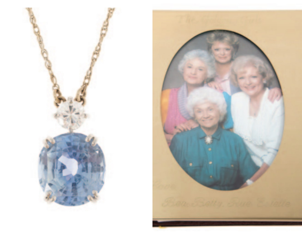 A 14-carat white gold necklace with a brilliant aquamarine sapphire gem pendant is up for grabs, as well as a framed photo of “The Golden Girls.”