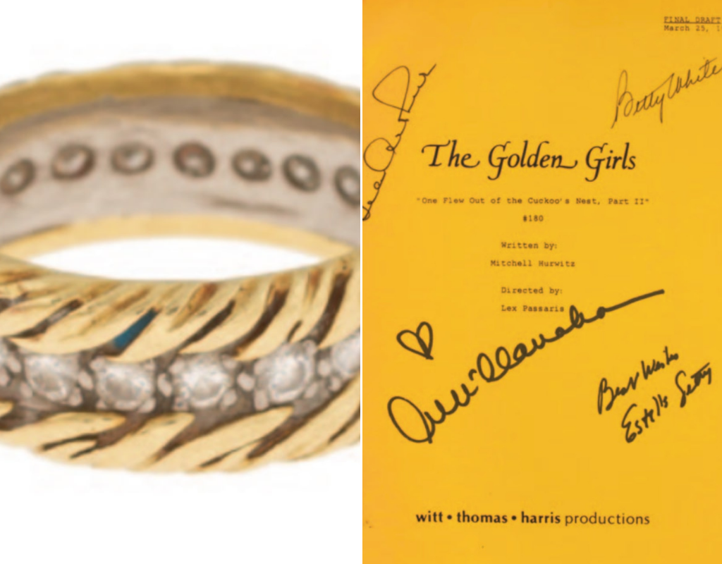 White’s wedding band from her marriage to Allen Lunden will be auctioned off, as well as a signed script of “The Golden Girls” episode “One Flew Out of the Cuckoo’s Nest.”