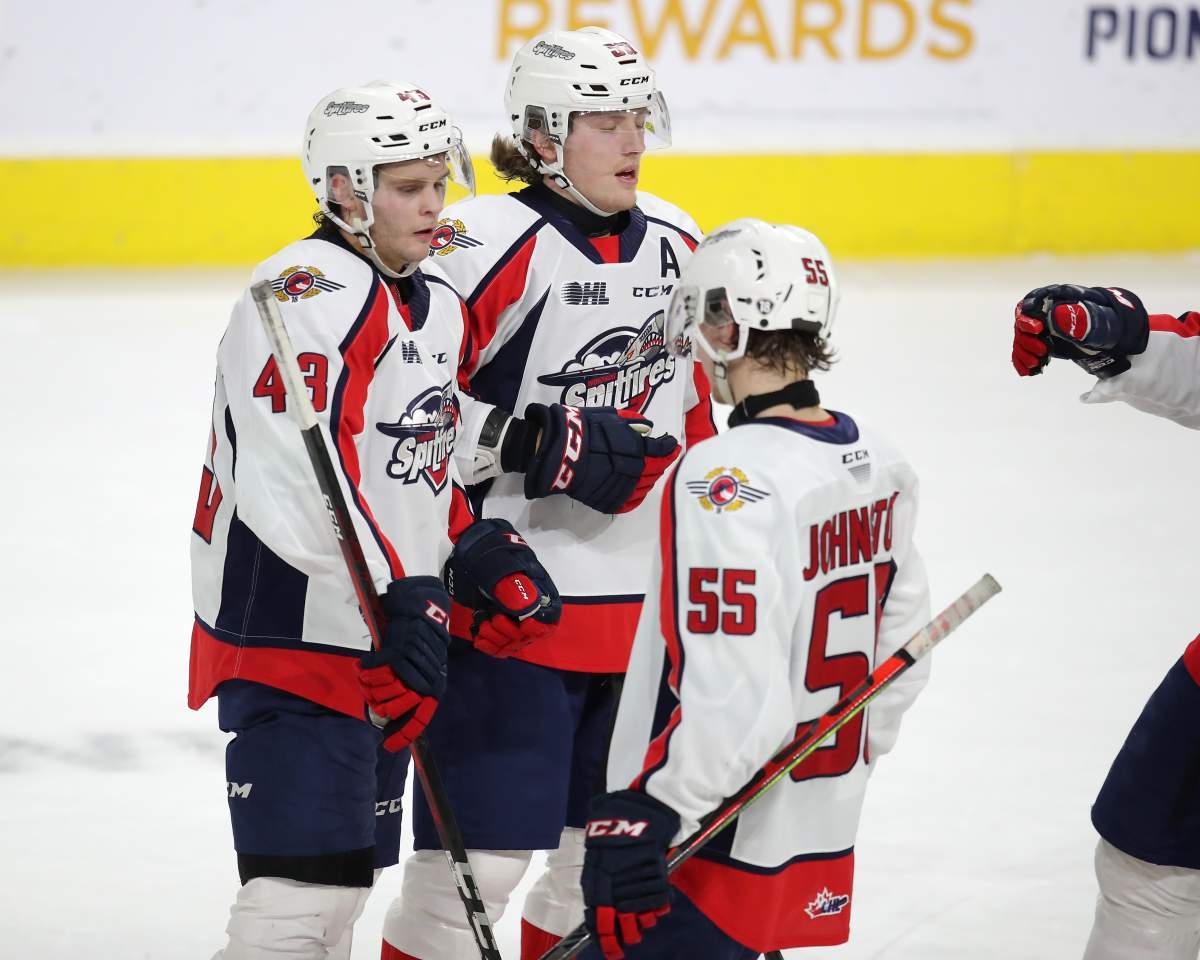 The Windsor Spitfires celebrate a goal.