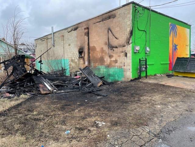 A photo of the a shed destroyed by fire near Battista's Calzones on 118 Avenue in Edmonton.
