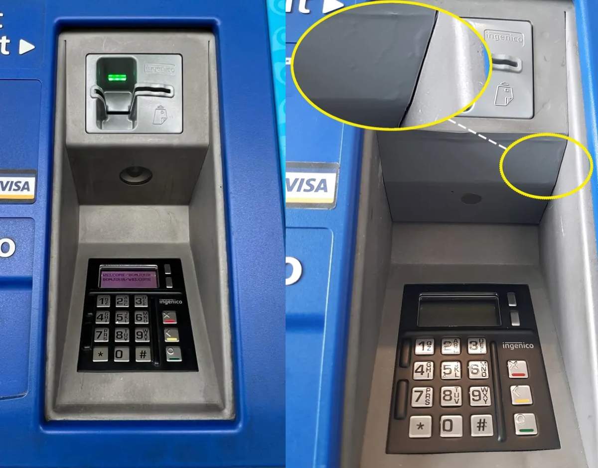 An un-altered Compass vending machine (left) compared to a machine that fraudsters have altered with a card skimmer (right).
