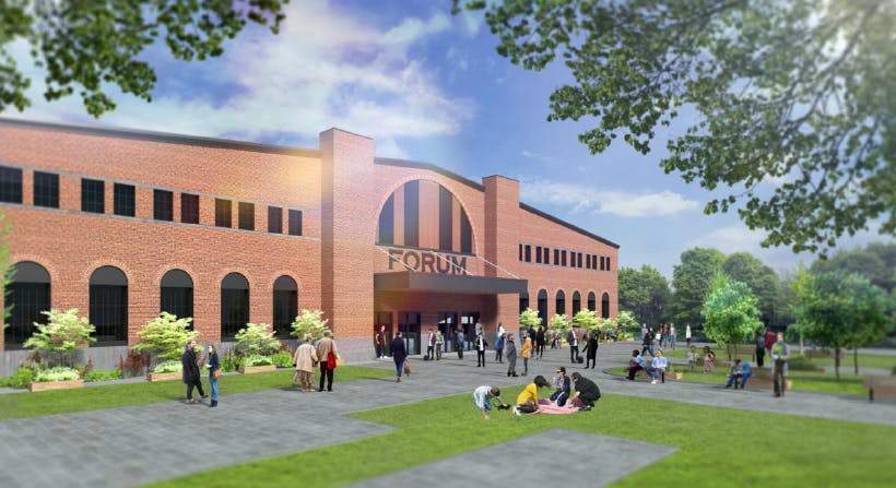 The proposed redevelopment includes the preserved façade of the Halifax Forum Arena and greenspace.