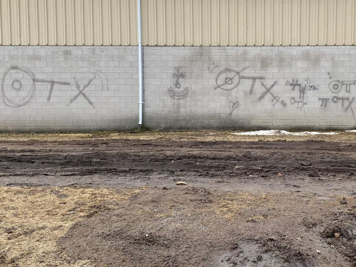 City of Kawartha Lakes OPP are investigating graffiti found at arenas in Oakwood and Little Britain. This is an example found on the Little Britain arena.