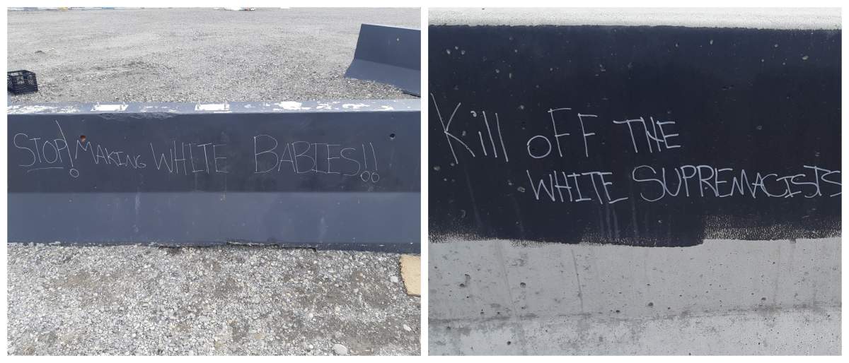 The Calgary police hate crimes unit is investigating graffiti on 17 Avenue S.W. April 1, 2022.
