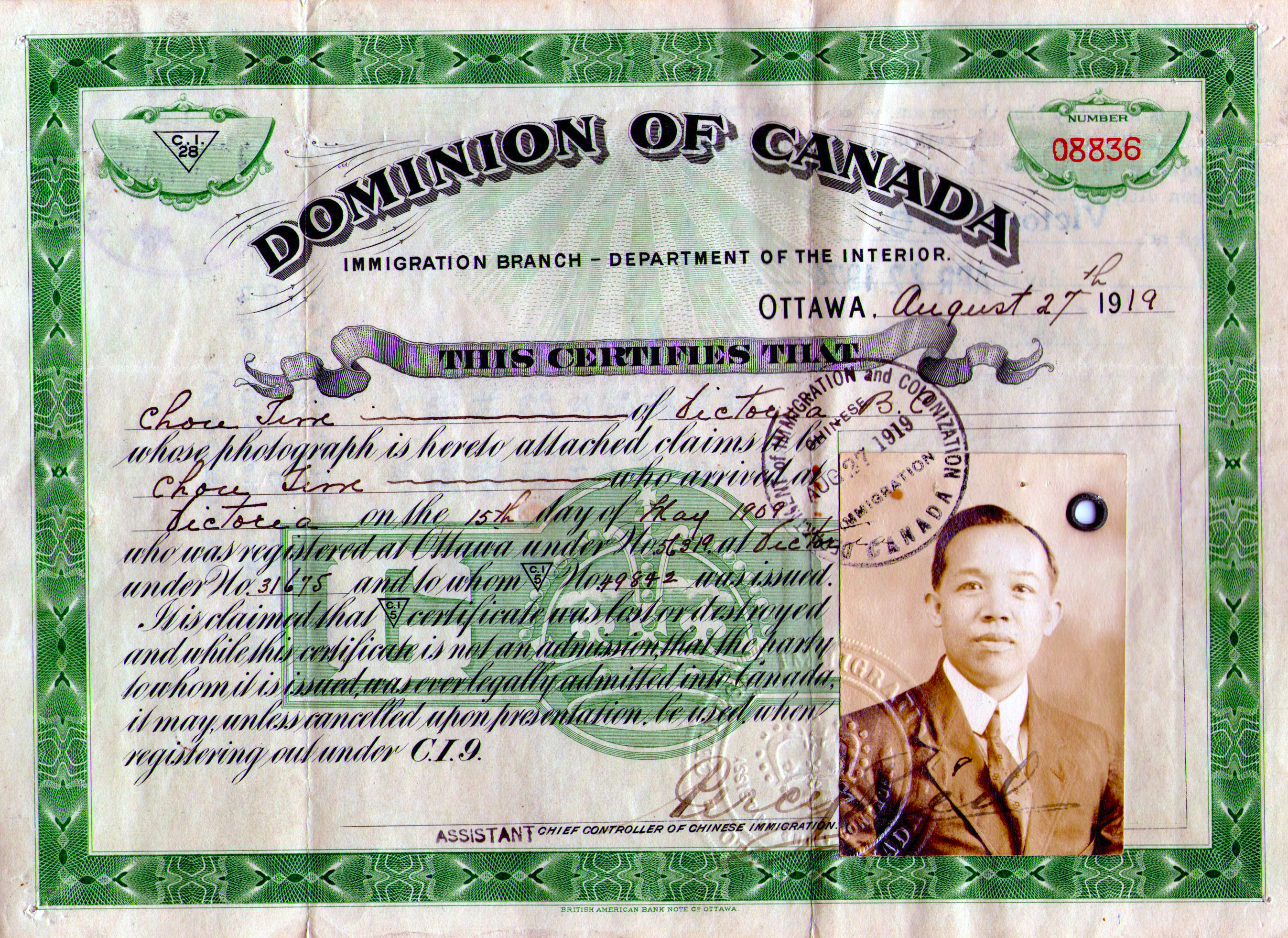 This immigration document from 1919 shows that this newcomer to Canada paid a $500 head tax to enter the country. This man is the author's great-grandfather.