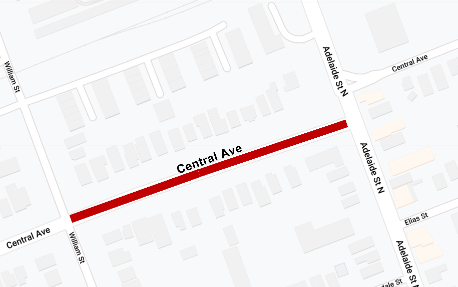 The City of London said Central Avenue will be closed between William Street and Adelaide Street North for the next three months.
