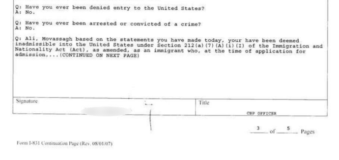 Ali Movassagh was deemed inadmissible to the United States on June 30, 2021 at the Vancouver International Airport. A screenshot of his Department of Homeland Security record that excludes personal information is seen here.