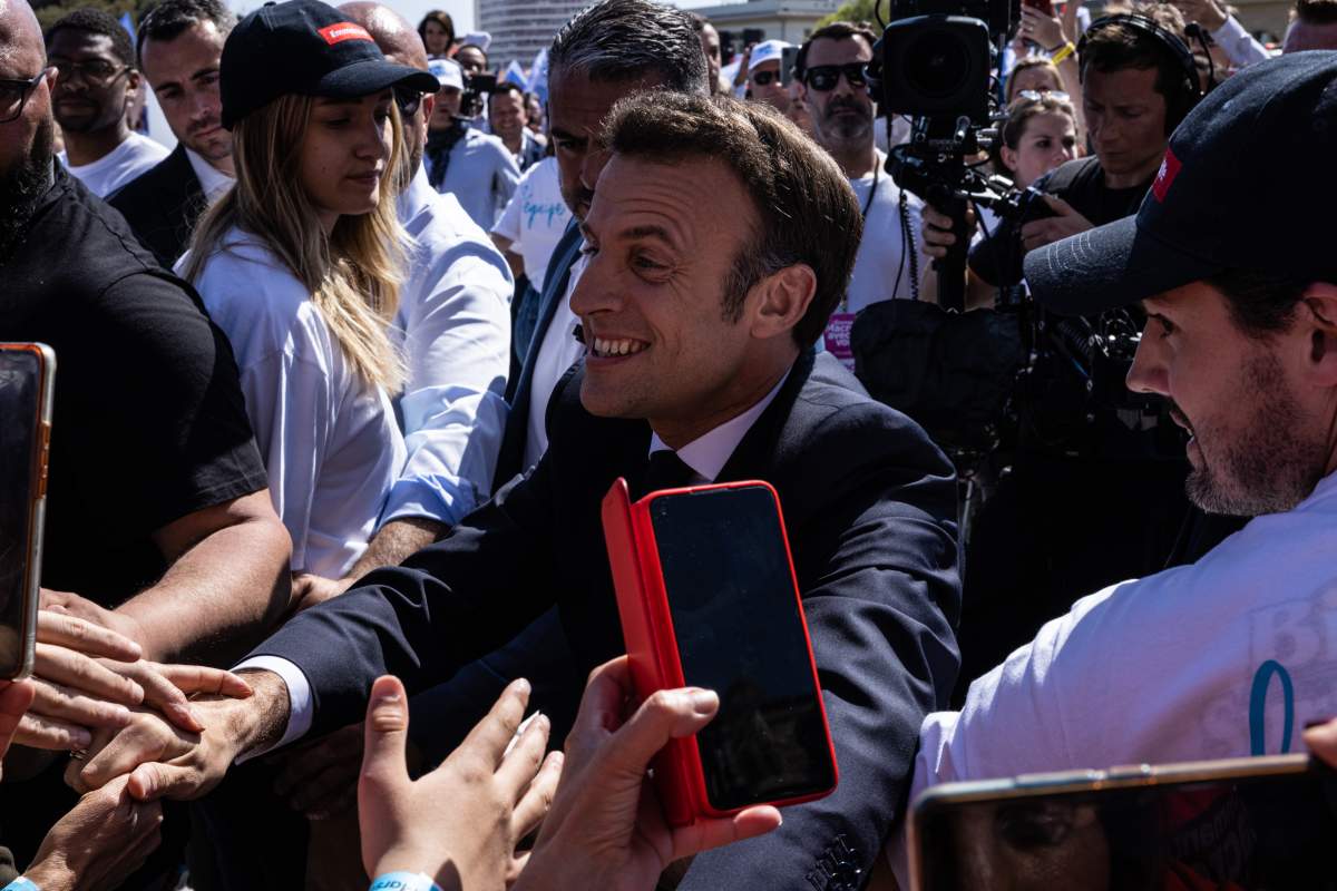 MARSEILLE, FRANCE – APRIL 16: President of France Emmanuel Macron during a campaign event on April 16, 2022 in Marseille, France. Emmanuel Macron and Marine Le Pen were both qualified on Sunday April 10th for France Presidential Election second round to be held on April 24. This is the third bid at president for Marine Le Pen, who placed third in the 2012 campaign and was defeated in the 2017 runoff by current President Emmanuel Macron. (Photo by Louise Delmotte/Getty Images)