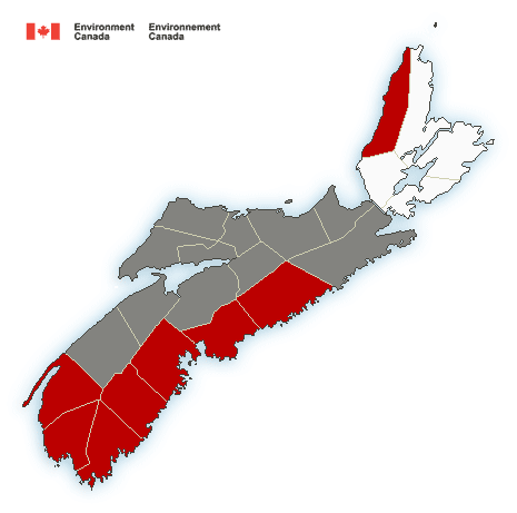 Weather warnings (red) and statements (grey) are seen on an Environment Canada map of Nova Scotia.