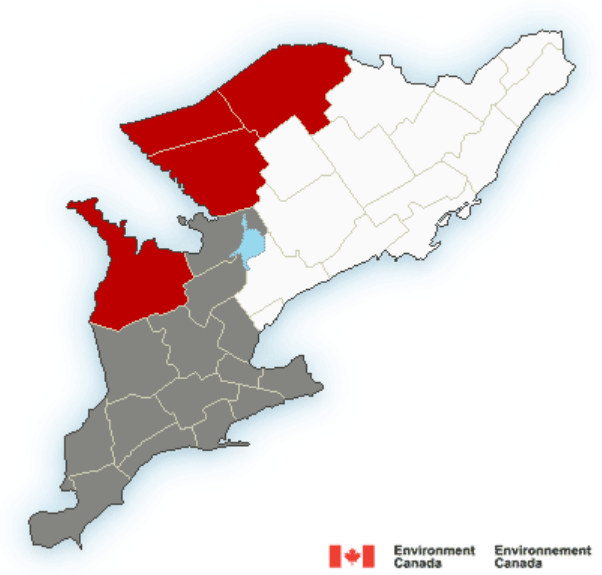 Areas shaded in grey are under a special weather statement, while red indicates a rainfall warning for some regions.