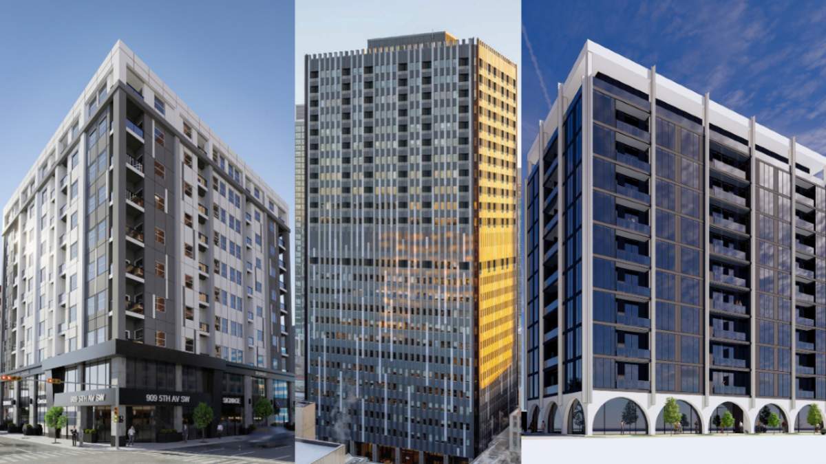 A trio of buildings -- including 909 5 Avenue SW, Palliser One and HAT @ Arts Commons (L to R) -- that received funding from the City of Calgary for office-to-residential conversion.