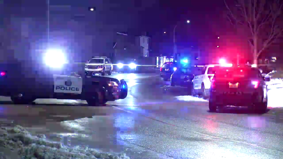 Calgary police blocked off a 200 block of Saddlecrest Boulevard N.E. after reports of a shooting on April 20, 2022.