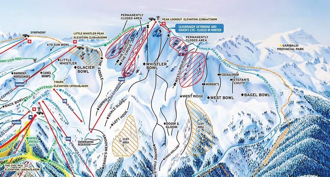 A section of the Whistler-Blackcomb trail map showing the location of West Ridge.