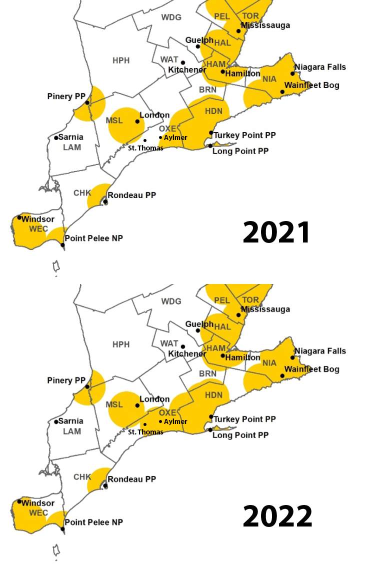 Lyme disease estimated risk map of southwestern Ontario, 2021 and 2022. Map has been edited to add Aylmer and St. Thomas. Grey lines denote health unit boundaries.