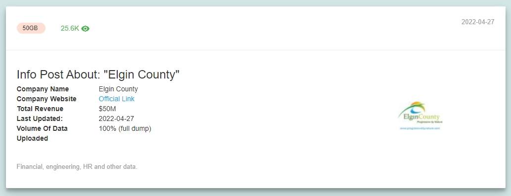 Roughly 50 gigabytes worth of files purporting to belong to Elgin County remain posted to the dark web portal of another ransomware group. Global News is not identifying the group as the data was still live on Monday.