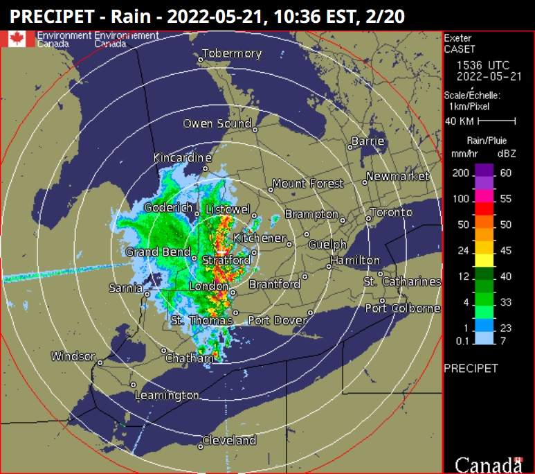 Environment Canada radar image from Saturday morning. (NOTE: The time indicating EST is off by an hour.)