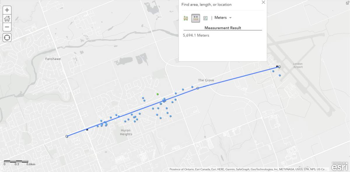 The path of the first EF1 tornado that touched down in northeast London on May 21, 2022. Each dot represents a damage point.