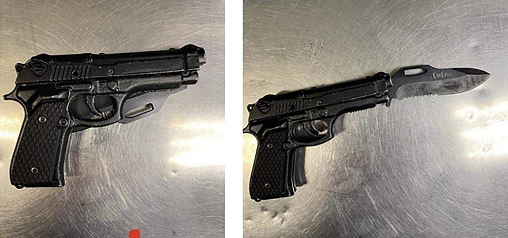 This photo combination provided by the Los Angeles Police Department shows the fake handgun with the real knife blade inside that was taken from the man who attacked comedian Dave Chappelle at the Hollywood Bowl
