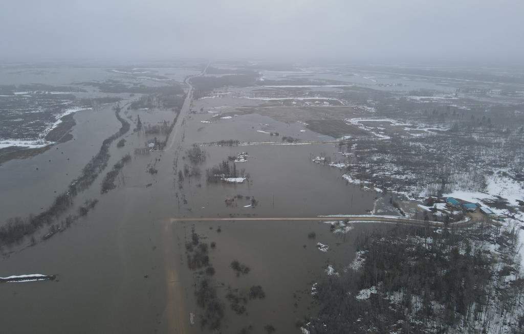 Flooding in the Peguis First Nation is shown in a handout photo taken with a drone on Sunday, May 1, 2022.