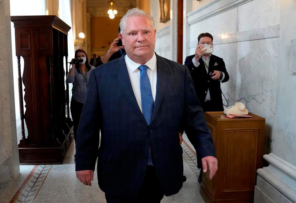Ontario Premier Doug Ford walks towards Lt.-Gov. Elizabeth Dowdeswell's office at Queen's Park in Toronto, Tuesday, May 3, 2022. 