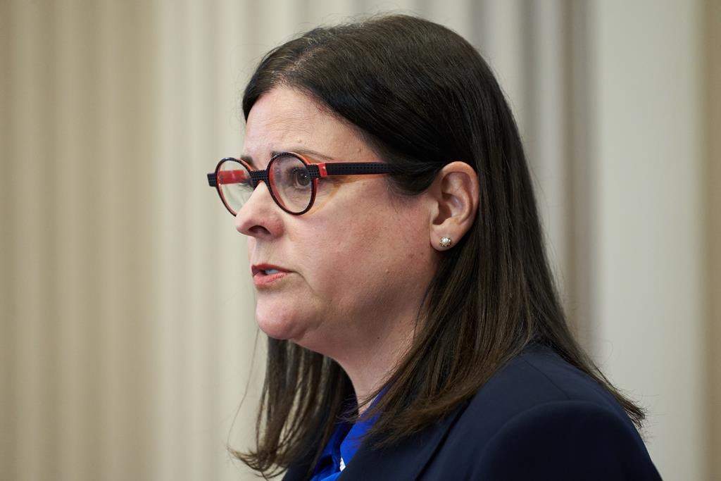 Manitoba Premier Heather Stefanson speaks to media following the delivery of the 2022 budget at the legislature in Winnipeg on Tuesday, April 12, 2022. Stefanson says she is open to the idea of reviewing Manitoba taxes to remain competitive with other provinces. 