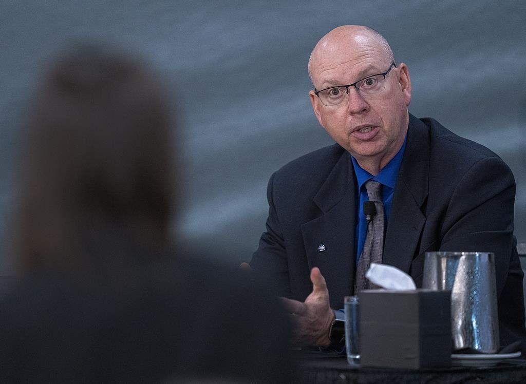 Retired RCMP Staff. Sgt. Steve Halliday, right, is questioned by Sandra McCulloch, a lawyer representing a majority of family members and survivors, as he provides testimony about the RCMP's command post, operational communications centre and command decisions at the Mass Casualty Commission inquiry into the mass murders in rural Nova Scotia on April 18/19, 2020, in Dartmouth, N.S. on Tuesday, May 17, 2022. 