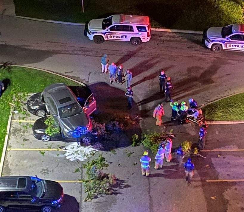 Minor injuries reported after car takes air, lands on two parked vehicles in west London lot - image