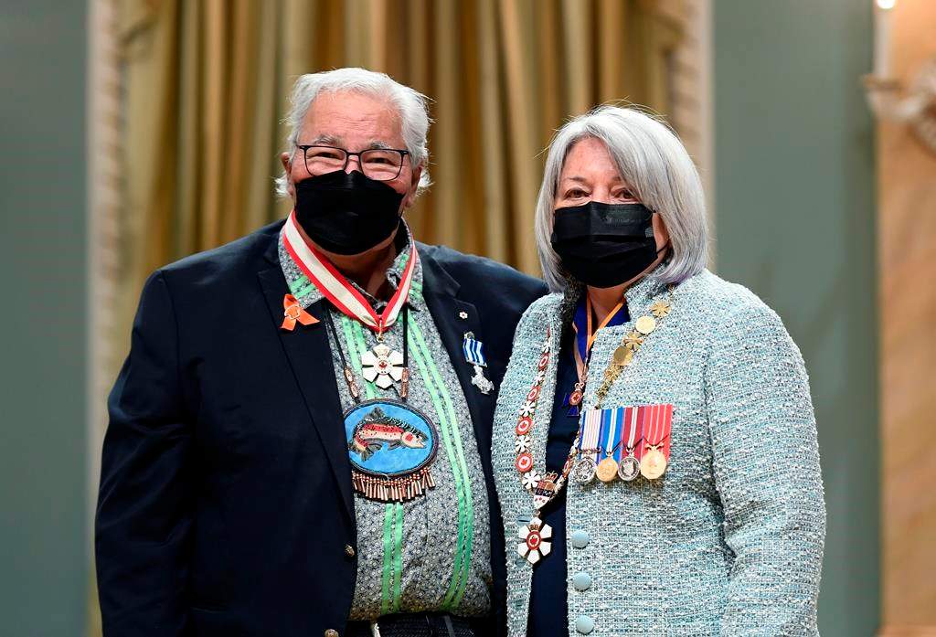 Justice Murray Sinclair stands with Gov. Gen. Mary Simon after being invested as a companion of the Order of Canada and receiving a Meritorious Service Decoration (Civil Division), at a Canadian Honours ceremony at Rideau Hall in Ottawa, on Thursday, May 26, 2022.