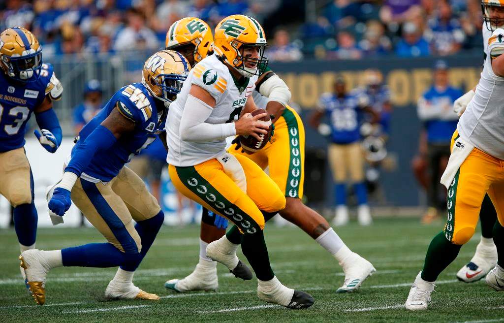 Edmonton Elks quarterback Nick Arbuckle (9) looks downfield against the Winnipeg Blue Bombers during the first half of pre-season CFL action in Winnipeg, Friday, May 27, 2022. THE CANADIAN PRESS/John Woods