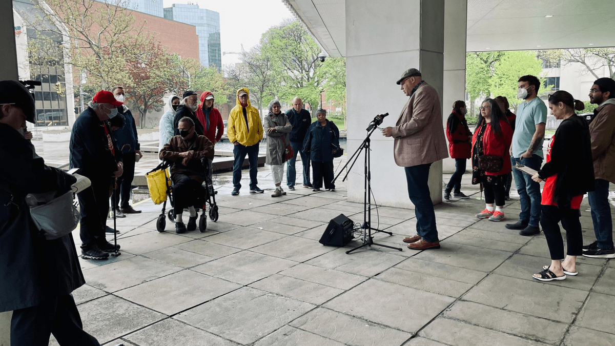 ACORN, the Hamilton Community Benefits Network and Environment Hamilton hold a press conference in front of City Hall to urge the city to pass inclusionary zoning ahead of the LRT subcommittee meeting. 