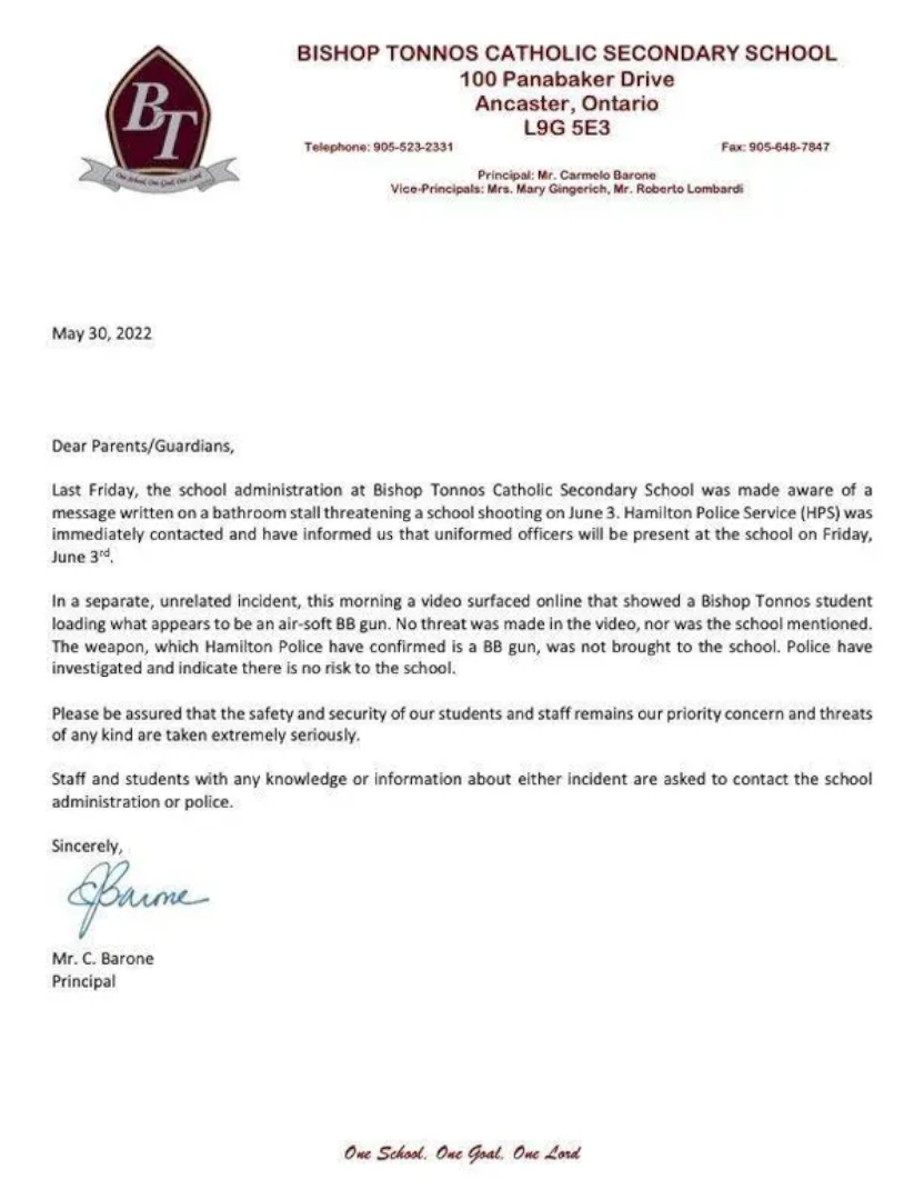 A letter distributed to families and guardians after staff at Bishop Tonnos Secondary in Ancaster discovered a shooting threat on May 27, 2022.