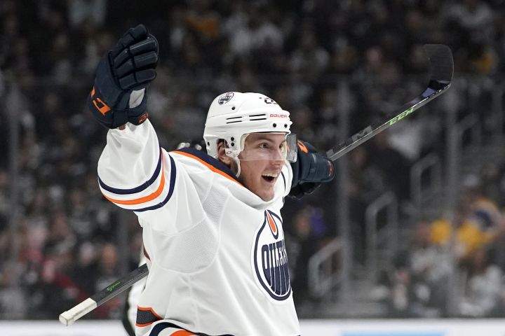 Edmonton Oilers defenseman Tyson Barrie celebrates his goal during the third period in Game 6 of an NHL hockey Stanley Cup first-round playoff series against the Los Angeles Kings Thursday, May 12, 2022, in Los Angeles.
