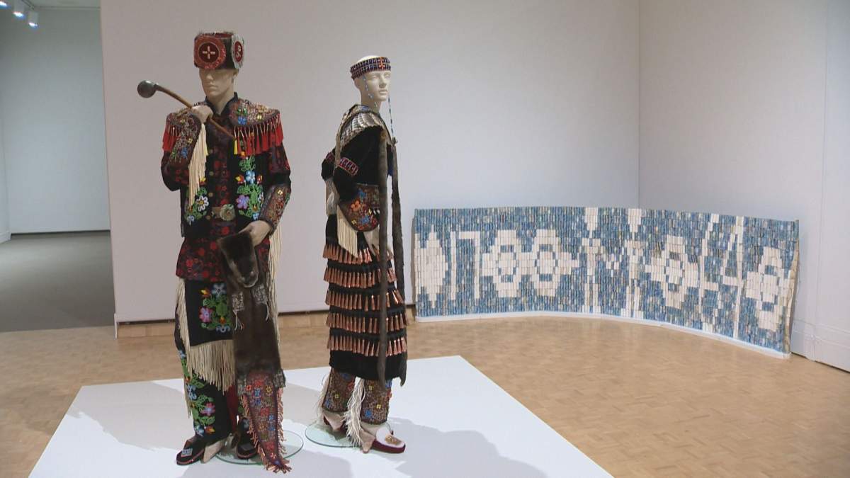 (Left to right) Barry Ace, Mino-bimaadiziwin (The Way of Good Life) – Men’s Regalia and Mino-bimaadiziwin (The Way of Good Life) – Women’s Regalia, 2017, mixed media. Courtesy of the artist and Heffel Fine Art Auction House.