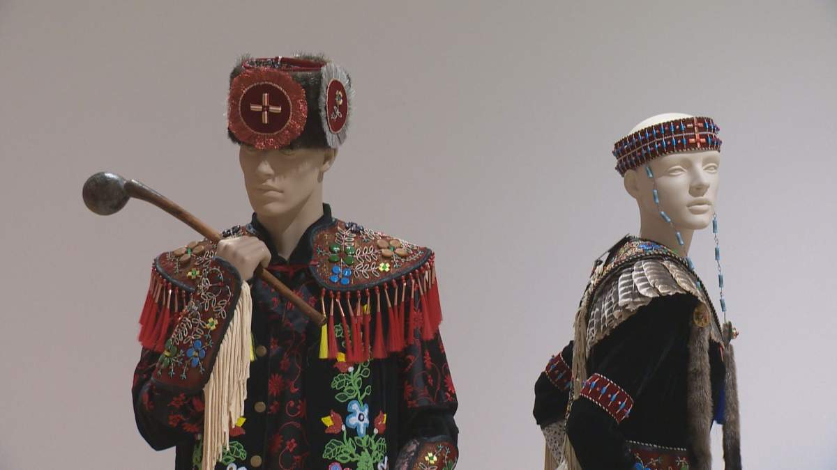 (Left to right) Barry Ace, Mino-bimaadiziwin (The Way of Good Life) - Men's Regalia and Mino-bimaadiziwin (The Way of Good Life) - Women’s Regalia, 2017, mixed media.