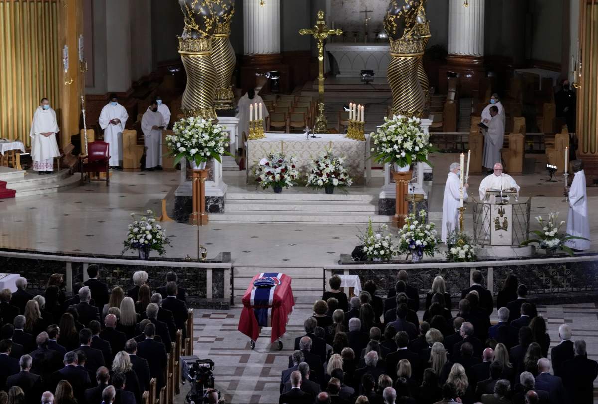 The casket of Guy Lafleur sits at the front of the cathedral during the funeral service in Montreal.