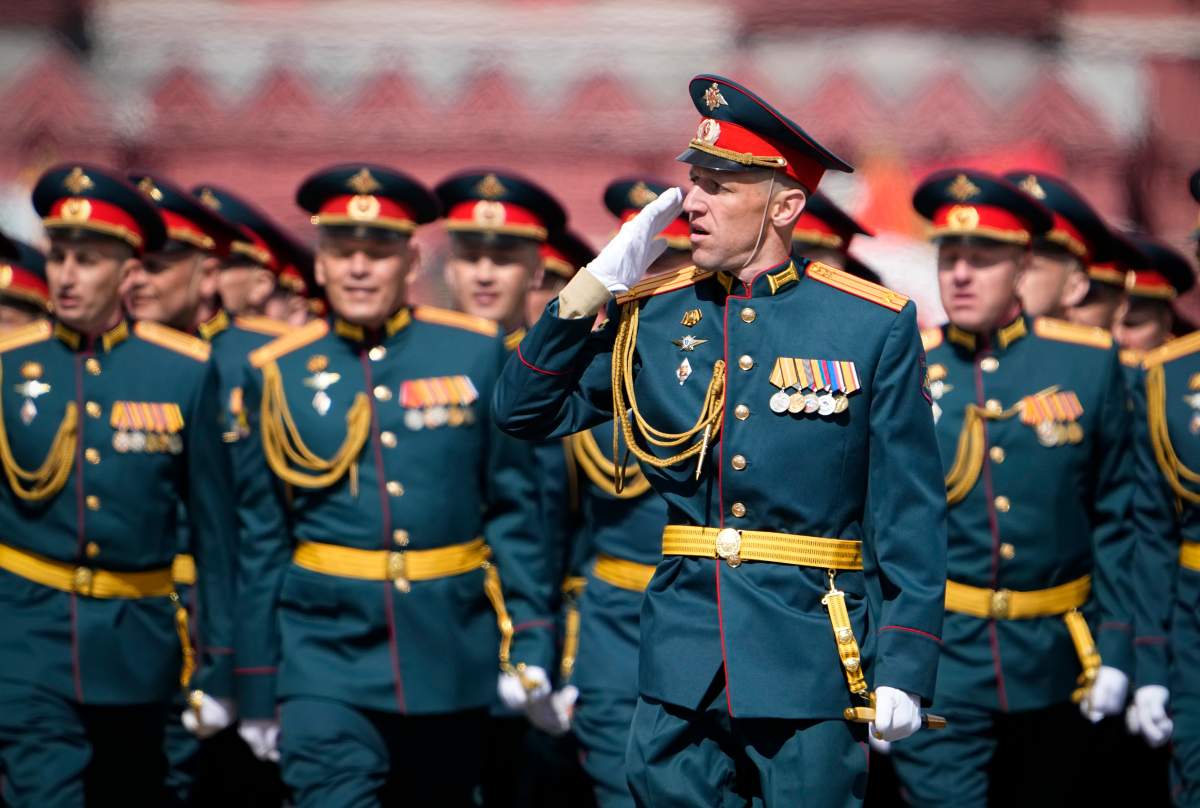 Russian servicemen march during the Victory Day military parade in Moscow, Russia, Monday, May 9, 2022, marking the 77th anniversary of the end of World War II.