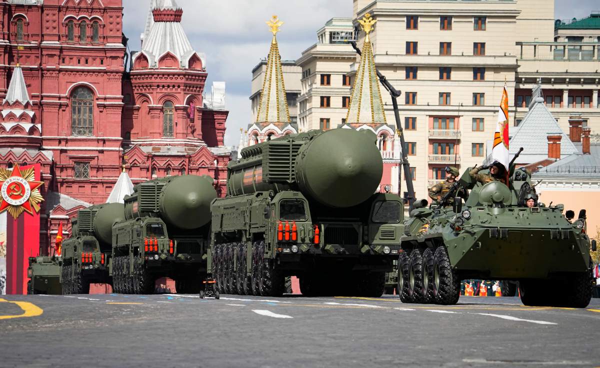 Russian RS-24 Yars ballistic missiles roll during the Victory Day military parade in Moscow, Russia, Monday, May 9, 2022, marking the 77th anniversary of the end of World War II.