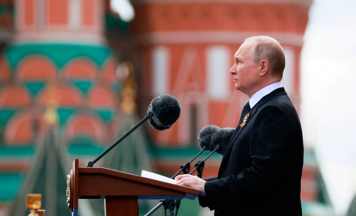 Russian President Vladimir Putin delivers his speech during the Victory Day military parade marking the 77th anniversary of the end of World War II in Moscow, Russia, Monday, May 9, 2022.