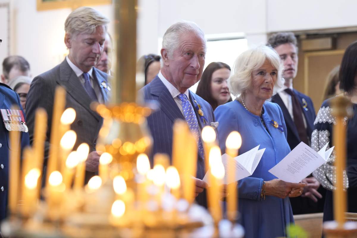 Prince Charles and Camilla, Duchess of Cornwall, take part in a traditional prayer service at a Ukrainian church in Ottawa on their Canadian Royal Tour, Wednesday, May 18, 2022.