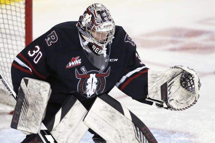 Profile photo on Red Deer Rebels goalie Chase Coward during WHL (Western Hockey League) hockey action against the Calgary Hitmen in Calgary, Alta., on Dec. 19, 2021.
