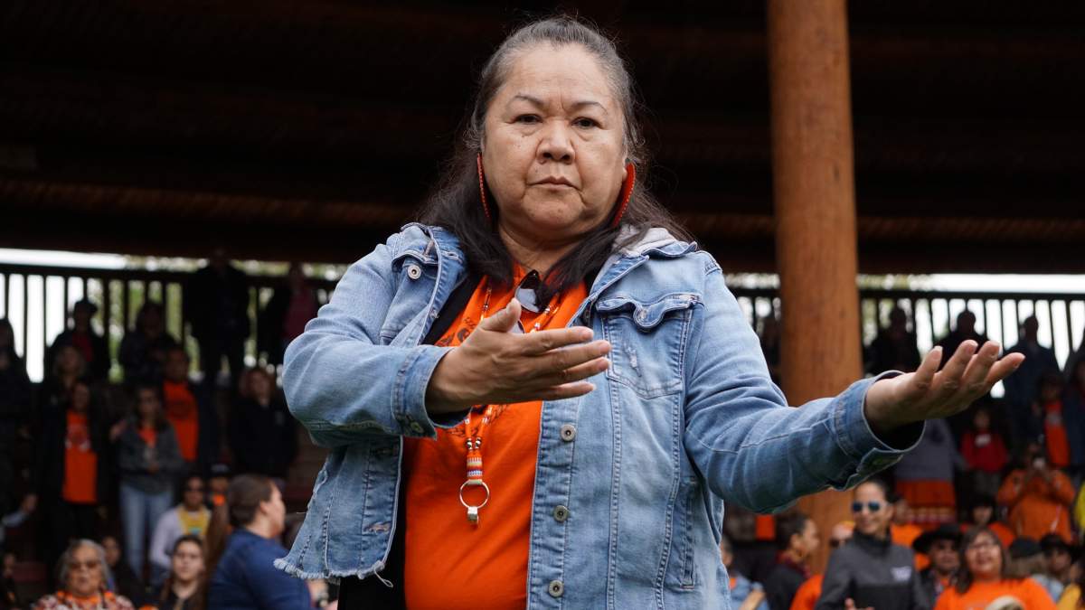 The Paul Creek Tribal Dancers and Singers lead the crowd in the Celebration and Friendship Song and Dance during the one-year memorial for Le Estcwicwéy̓ in Kamloops, B.C. on May 23, 2022.