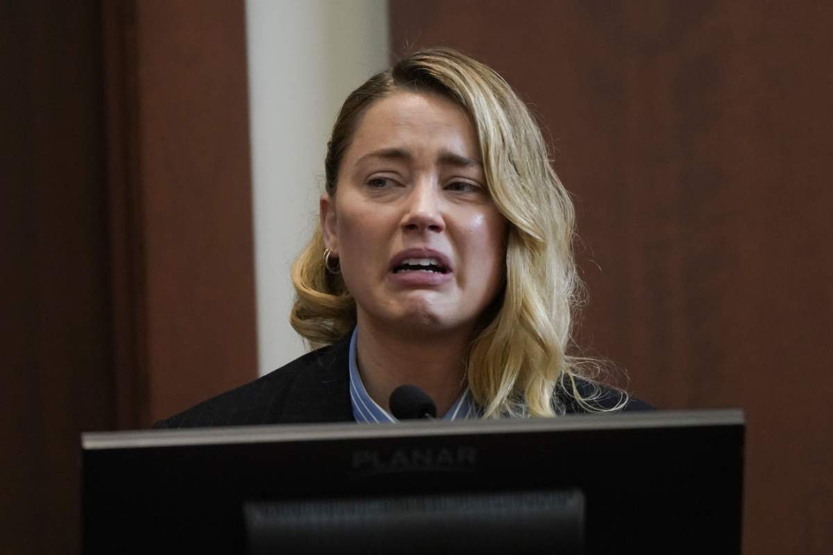 Actor Amber Heard testifies at Fairfax County Circuit Court during a defamation case against her by ex-husband, actor Johnny Depp, in Fairfax, Virginia, on May 4, 2022.