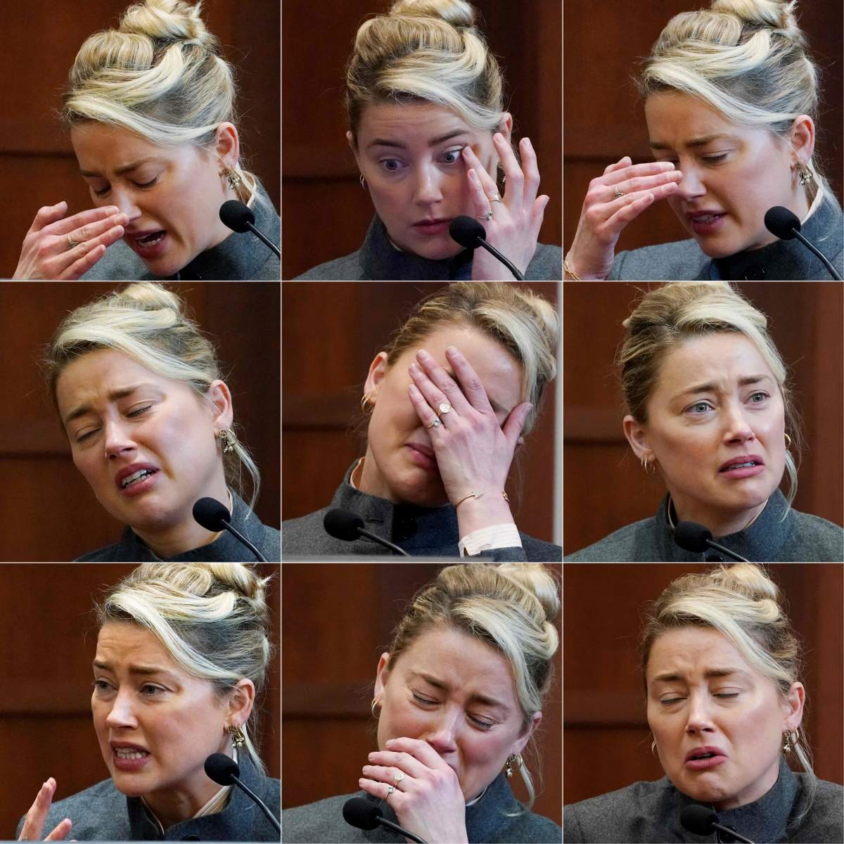 This combination of pictures created on May 16, 2022 shows US actress Amber Heard as she testifies in the courtroom at the Fairfax County Circuit Courthouse in Fairfax, Virginia.