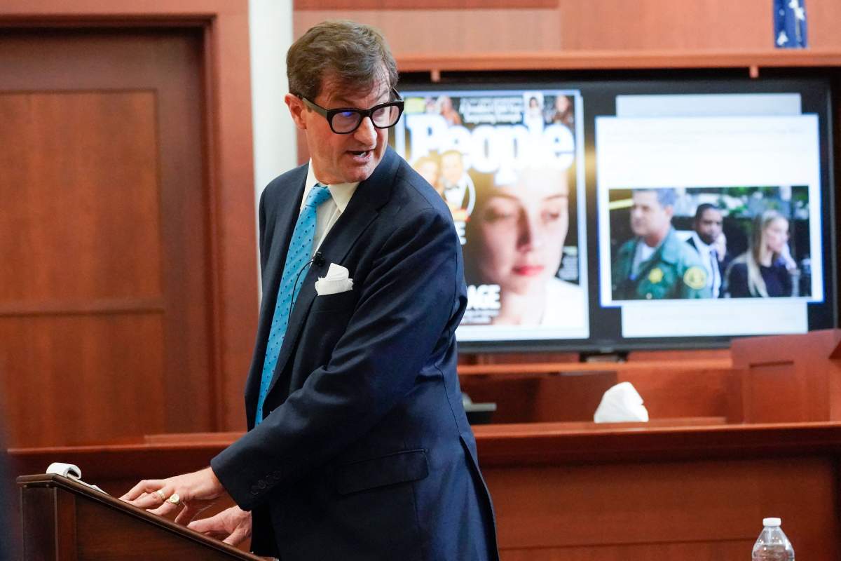 Actor Johnny Depp's attorney Benjamin Chew gives closing arguments at the Fairfax County Circuit Courthouse in Fairfax, Virginia, on May 27, 2022.