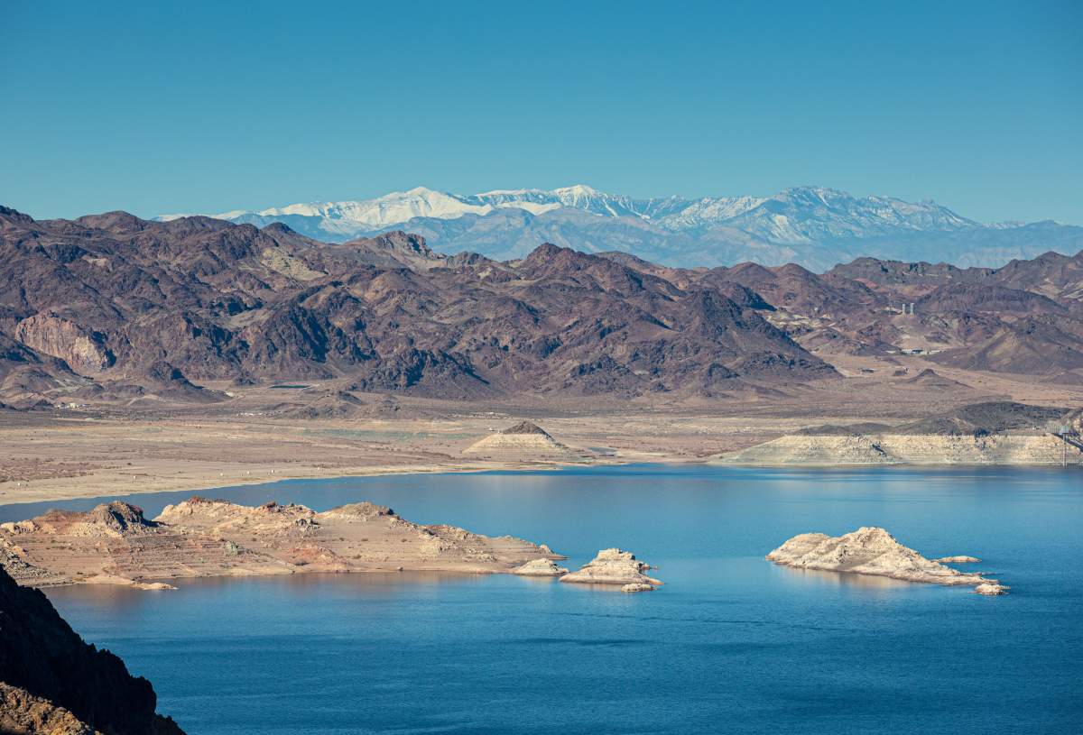 Lake Mead is a water reservoir formed by Hoover Dam on the Colorado River in the Southwestern United States and is viewed at 30 per cent capacity on January 11, 2022 near Boulder City, Nevada. 